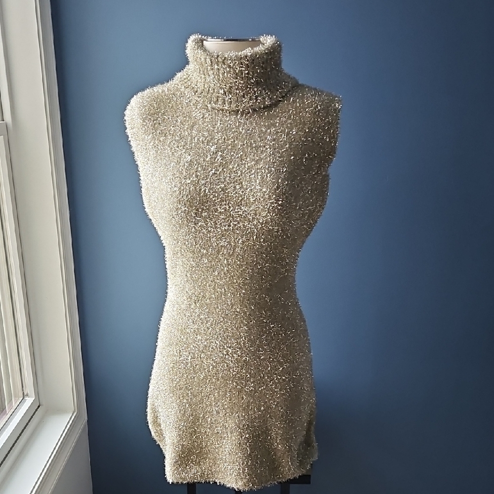 AKIRA Shimmering Gold Sleeveless Turtleneck Sweater Dress